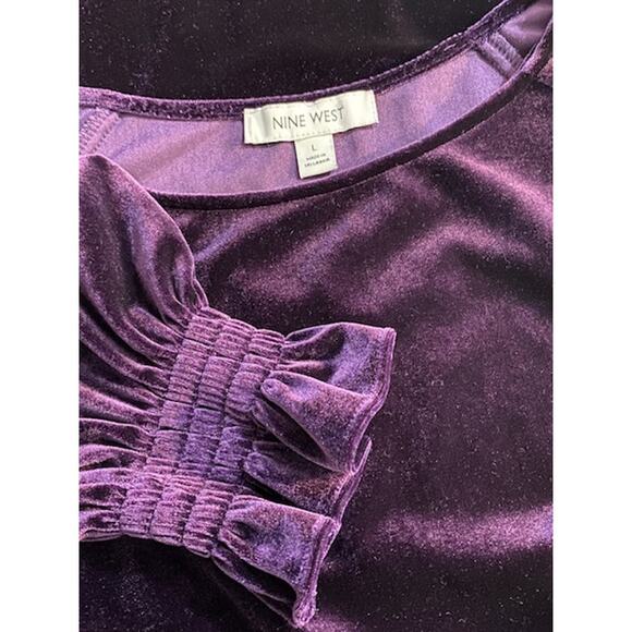 NINE WEST Deep Purple Velvet Smocked Wrist Shift Dress Large Whimsigoth Fairy - Picture 4 of 5